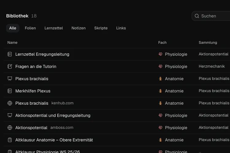 Die Bibliothek in MedOS: Lernzettel, Folien, Notizen und Links nach Fach sortiert