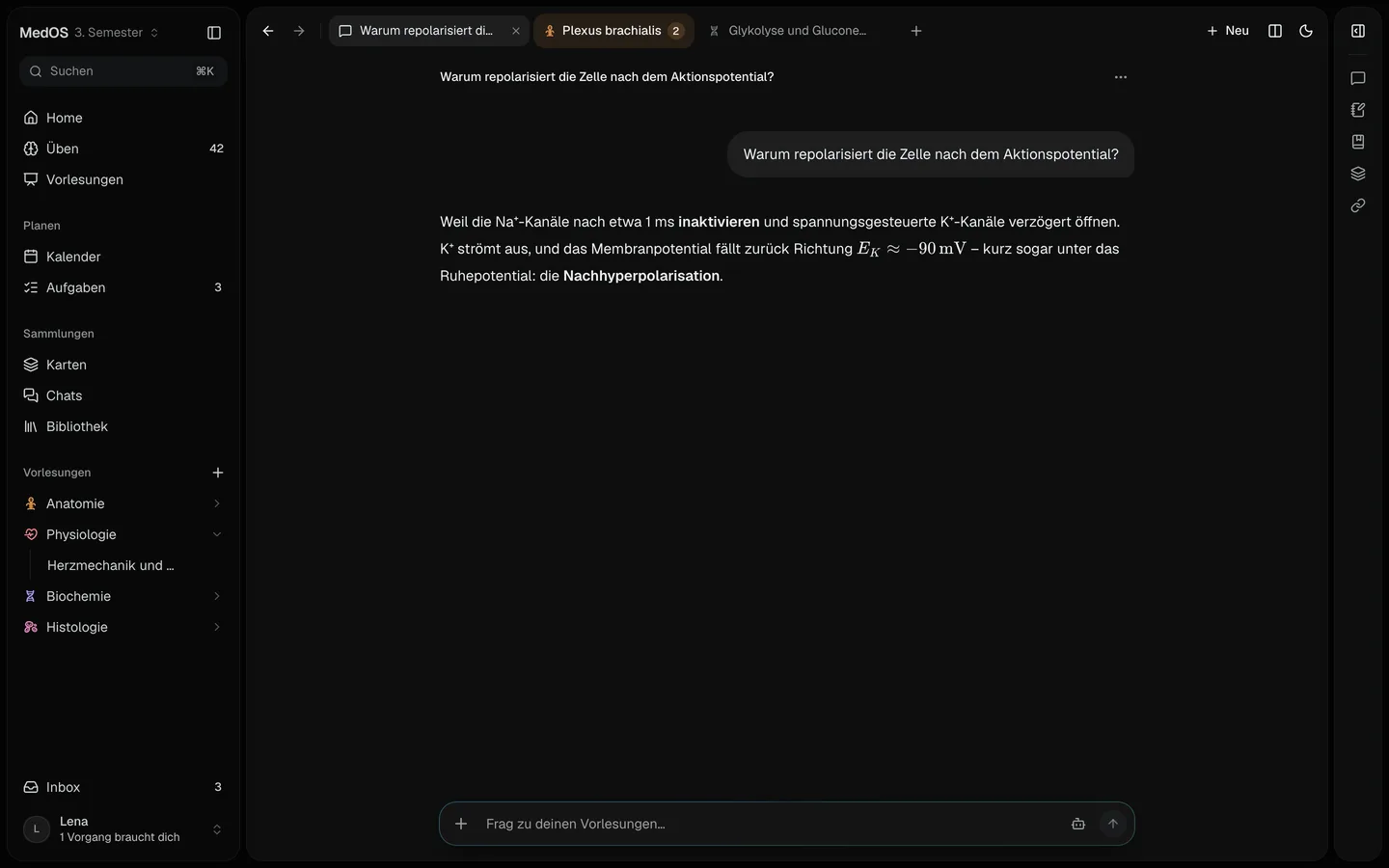 Ein Chat in MedOS erklärt die Repolarisation mit Formel