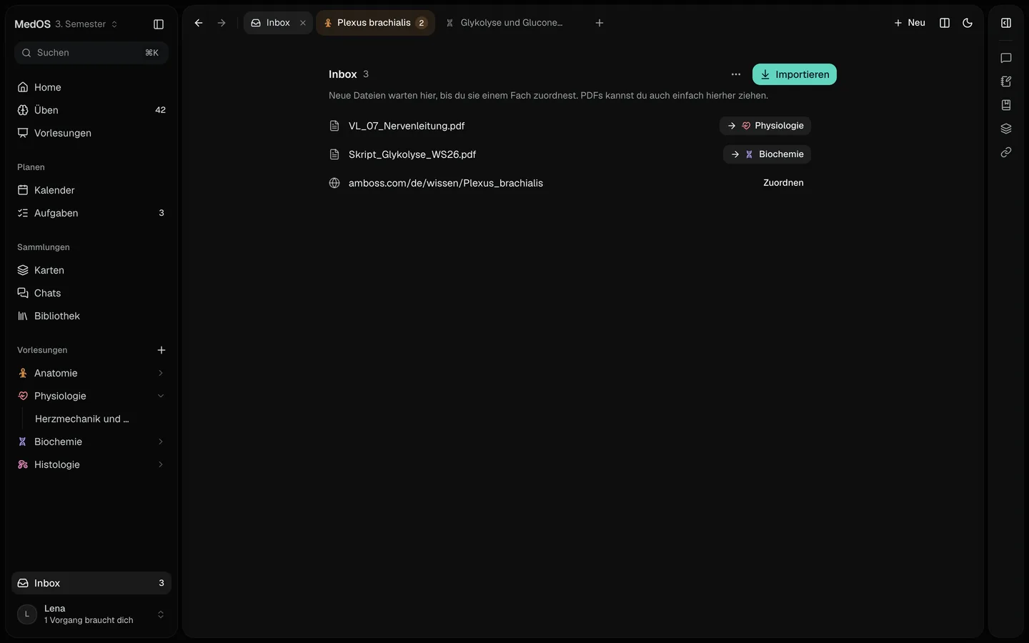 Die Inbox in MedOS mit zwei neuen Vorlesungs-PDFs und einem Link, bereit zum Zuordnen