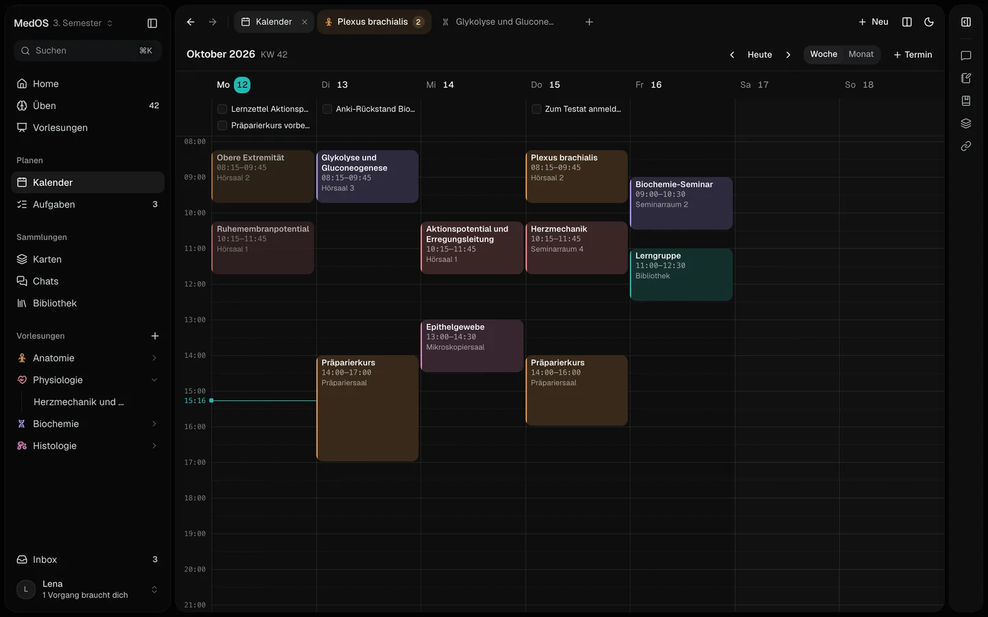 Die Wochenansicht im Kalender von MedOS mit Vorlesungen, Präparierkurs und Seminar