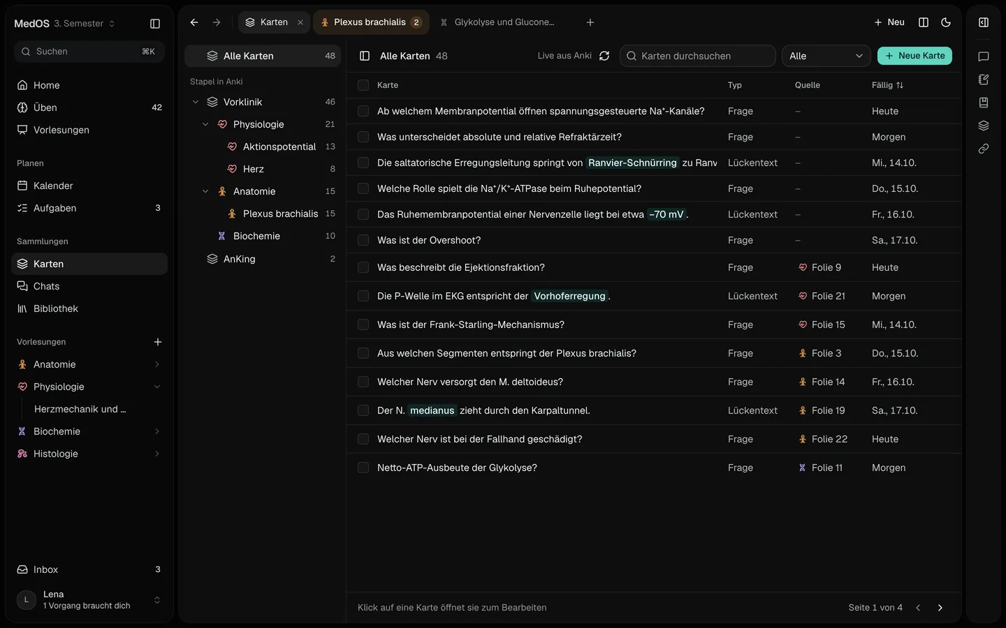 Die Kartenliste in MedOS, live aus Anki, mit der Quellfolie jeder Karte