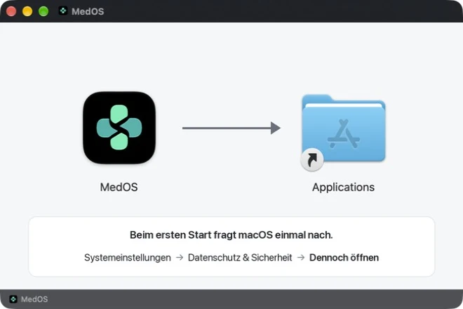 Fenster der Installationsdatei: MedOS links, ein Pfeil zum Ordner Applications rechts.
