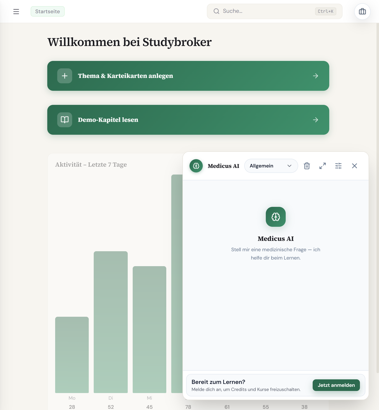 Dashboard mit Aktivitätsübersicht, Medicus KI-Assistent und Schnellzugriff auf Karteikarten und Lehrbuchkapitel